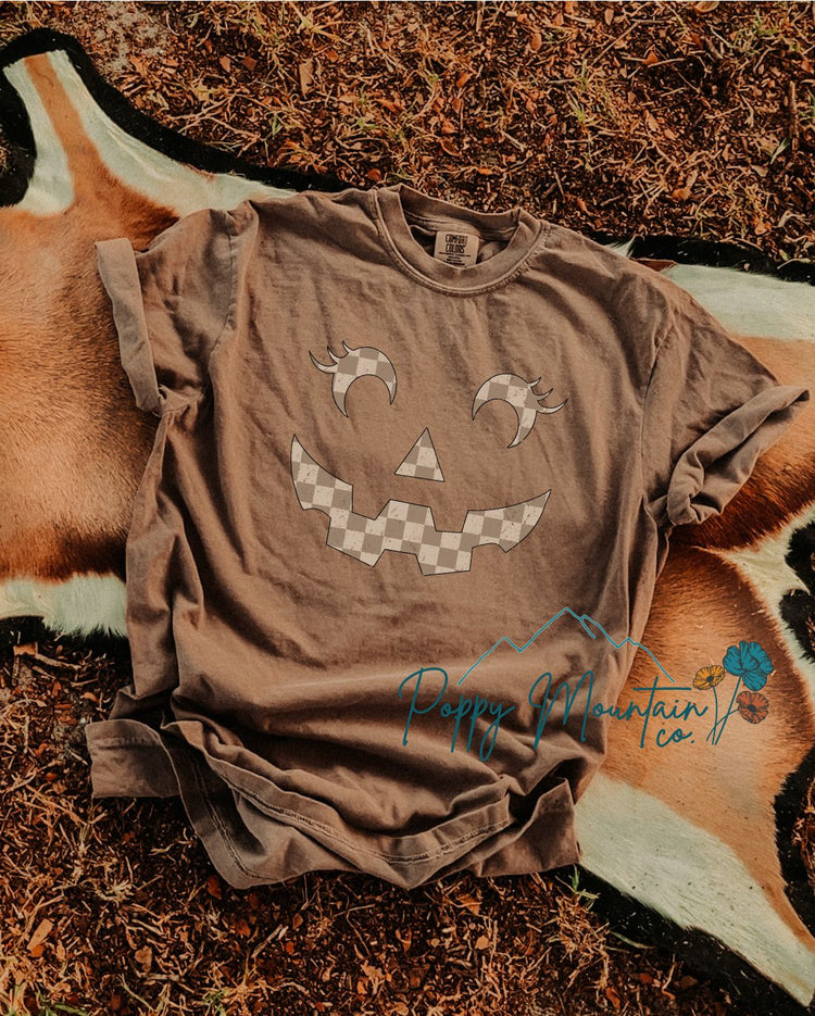 KIDS Brown Checkered Pumpkin Face Tee