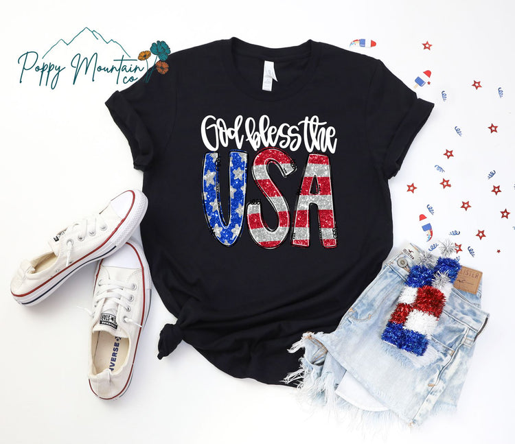 Faux Glitter God Bless the USA Tee