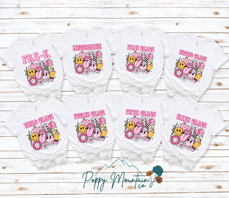 KIDS Pink Check Smiley Grade Tee