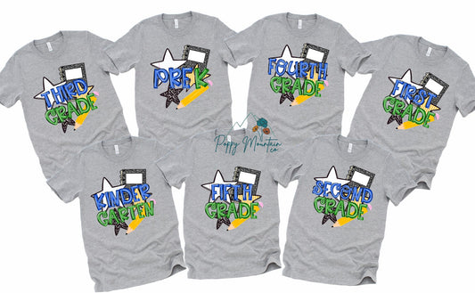 KIDS Back To School BLUE Stars Grade Tee