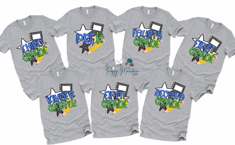 KIDS Back To School BLUE Stars Grade Tee