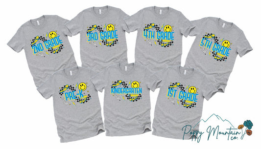 KIDS Blue Yellow Check Smiley Grade Tee