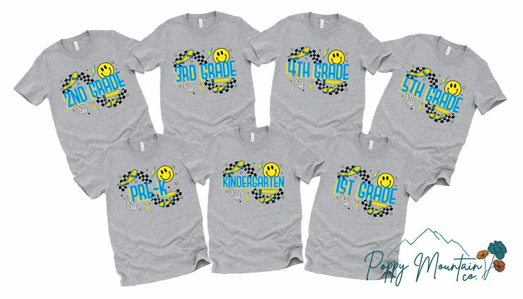 KIDS Blue Yellow Check Smiley Grade Tee