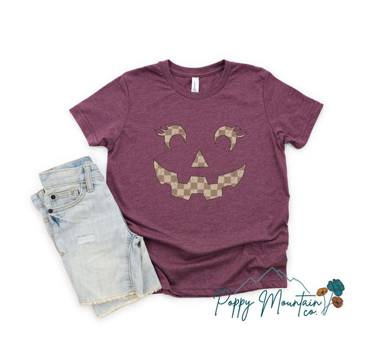 KIDS Brown Checkered Pumpkin Face Tee