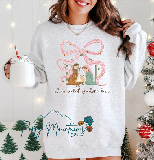 Come Let Us Adore Him Bow Nativity Tee