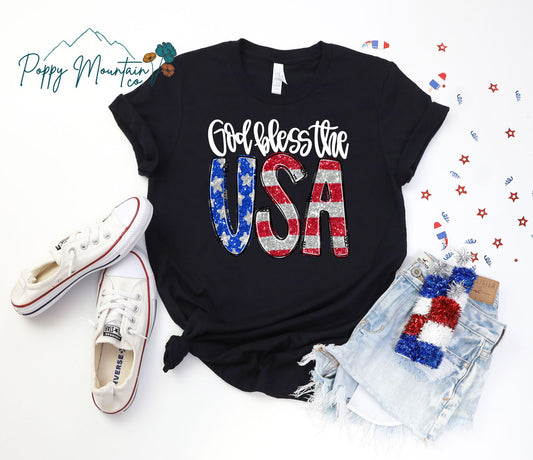 Faux Glitter God Bless the USA Tee