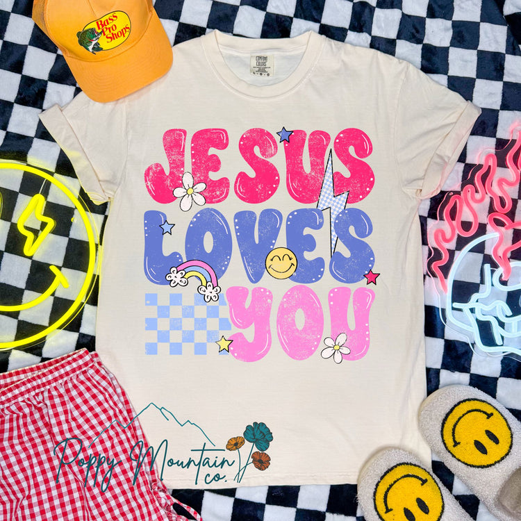 Jesus Loves You Checkered Smiley Tee