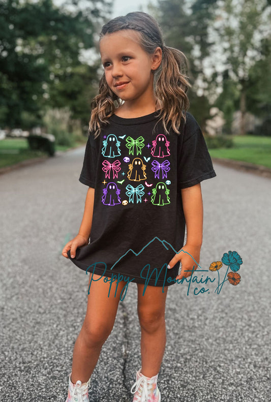 KIDS Neon Girly Ghost + Bows Tee